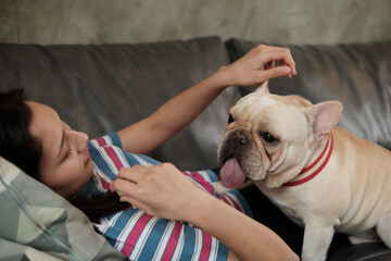A beautiful, cute casual Asian woman is happily fun playing, teasing, and hug adorable dog (French Bulldog) on grey sofa in living room of house. Pet is her family and friends in lifestyle.