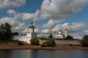 View of the St. George (Yuriev) Monastery, the Mikhailovskaya Tower, St. George's Cathedral, the bell tower and the Spassky Cathedral from the side of the Volkhov River, Veliky Novgorod, Russia