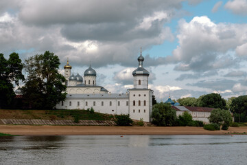 View of the St. George (Yurievsky) Monastery, St. Michael's Tower, St. George's Cathedral and Bell Tower from the Volkhov River, Veliky Novgorod, Russia