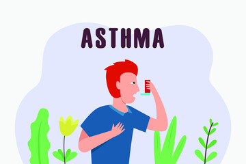 Asthma vector concept: Young man using inhaler for his asthma while touching his chest - obrazy, fototapety, plakaty