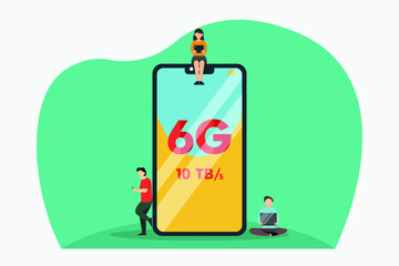 6G Connection vector concept: Group of young people using their device with 6G connection