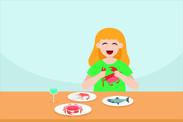 Sea food vector concept: Young woman eating sea food while sitting on the chair 