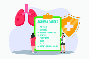 Asthma vector concept: Female doctor showing asthma causes to her patient while showing the clipboard - obrazy, fototapety, plakaty