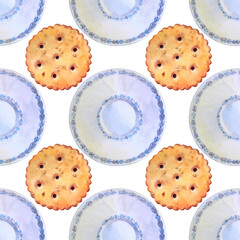 Seamless pattern watercolor blue saucer and cookies cracker with salt, biscuit on white background. Breakfast or lunch food snack. Hand-drawn clip art for menu, wrapping, sketchbook, cookbook