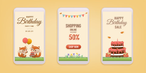 Online shop banners discount 50% jungle animals Birthday Theme. Celebration voucher Happy birthday. decorating with cake and fox paper cut, and papercraft style vector illustrator.