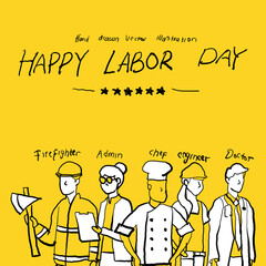 vector 'Labor Day' celebration banner with yellow background and large group of diverse workers of various professions and specialists