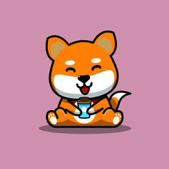 Cute shiba with coffee, Cartoon Vector Icon Illustration. Animal Nature Icon Concept Isolated Premium Vector. Flat Cartoon Style