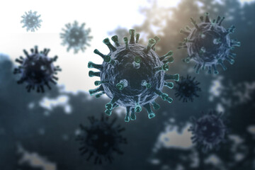 Blurred Coronavirus outbreak and image of Corona virus-cell (COVID-19),.3d virus illustration background