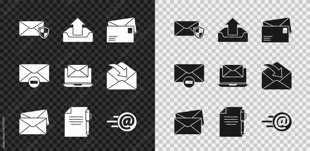Poster set envelope with shield, upload inbox, document and pen, mail e-mail, delete envelope and laptop ic
