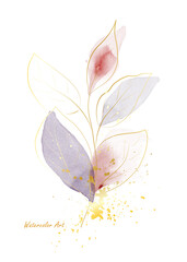 Watercolor art with gold line gentle leaves decorated with gold splash