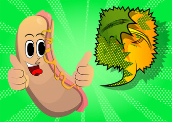 Hot Dog making thumbs up sign with two hands. American fast food as a cartoon character with face.