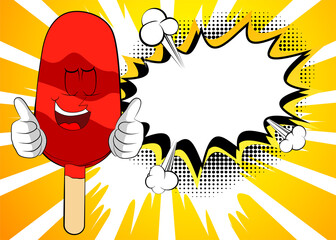 Ice Cream making thumbs up sign with two hands. Summer refreshment, sweet food as a cartoon character with face.