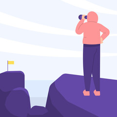 illustration of a worker or businessman standing on a cliff and using a telescope to see a business target. problem and solution. visionary concept, opportunities for success, vision and future plans