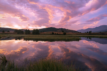 lake clouds mountains reflection dawn summer