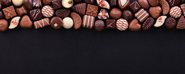 Assorted chocolate candy on black table. Sweet food background with copy space.