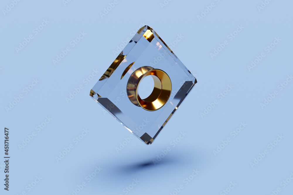 Poster 3d illustration of a transparent cube with round hole on blue isolated background . cyber shape in v