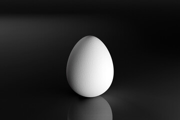 3D illustration, close-up of white chicken egg on black background