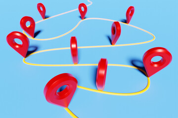3d illustration of marking geolacation with a red winding route navigation markers on a blue map