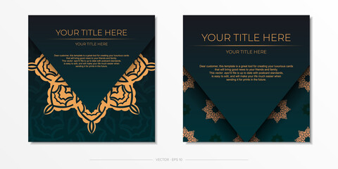 Presentable Ready-to-print postcard design in dark green color with arabic patterns. Invitation card template with vintage patterns.