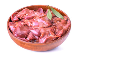 raw chicken or goose liver with bay leaf in a clay bowl close-up, isolated on a white background