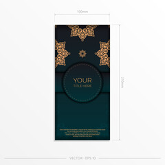Presentable Postcard design in dark green color with Arabic patterns. Stylish invitation with vintage ornament.