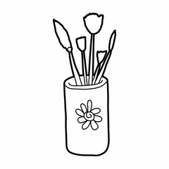 brush set in a can lineart vector illustration icon design template with doodle hand drawn style for art education and print coloring book