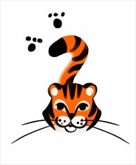 Cute tiger cub in watercolor style. A head with a tail and traces. Vector.