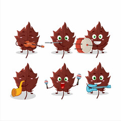 Cartoon character of brown autumn leaf playing some musical instruments