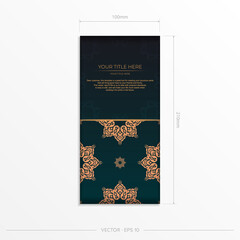 Presentable Template for printable design of postcard in dark green color with arabic patterns. Vector preparation of invitation card with vintage ornament.