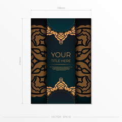 Presentable Postcard design in dark green color with Arabic patterns. Vector invitation card with vintage ornament.