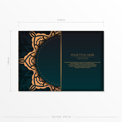 Presentable Vector Ready-to-Print Dark Green Color Postcard Design with Arabic Patterns. Invitation card template with vintage ornament.
