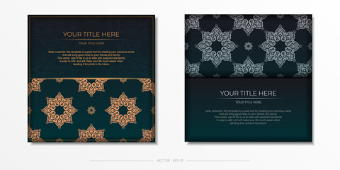 Fototapeta na wymiar Presentable Vector Ready-to-Print Dark Green Color Postcard Design with Arabic Patterns.