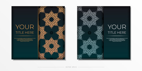 Presentable Vector Ready-to-Print Dark Green Color Postcard Design with Arabic Patterns.