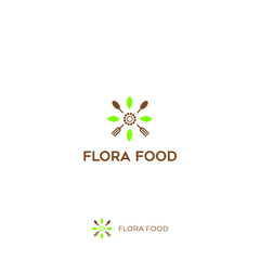 Flora Food logo design, spoon, fork icon, leaf vector icon illustration inspiration.