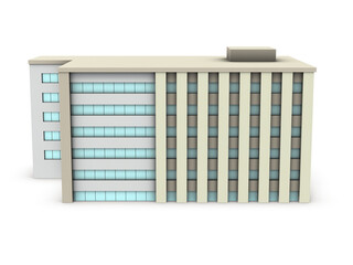 ミニチュアの病院。白バック。3Dレンダリング。