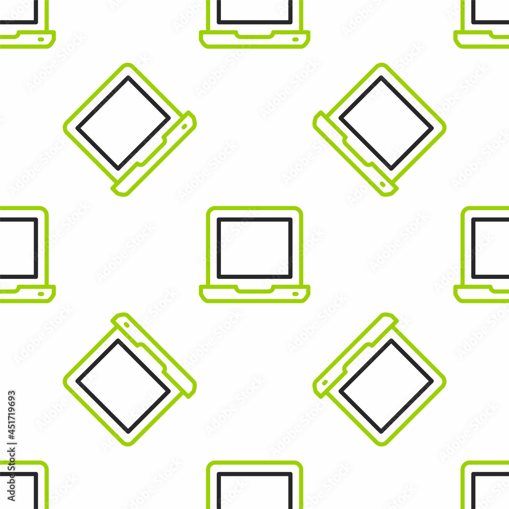 Poster line laptop icon isolated seamless pattern on white background. computer notebook with empty screen 