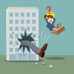 Boss businessman big foot kicking out of work female employee, Businessman character fired, illustration vector cartoon
