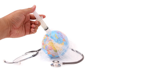 hands holding a syringe and Stethoscope wrapped around globe In a plastic bagon white background.