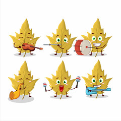 Cartoon character of maple yellow leaf playing some musical instruments