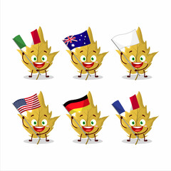 Maple yellow leaf cartoon character bring the flags of various countries