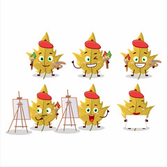 Artistic Artist of maple yellow leaf cartoon character painting with a brush