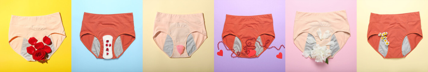 Set of period panties on color background