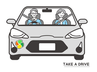 男女のシニア夫婦がドライブをするベクターイラスト素材／車／旅行