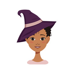African American woman avatar with black curly hair with emotions of joy and happiness, smile face and wearing a witch hat. Halloween character in costume