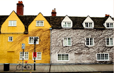 A bicycle is parking on the footpath. A House covered with black vine. Oxford, UK