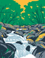 Poster Art Deco or WPA poster of Becky Falls or Becka Falls on the Becka Brook over boulder-strewn river bed on Dartmoor National Park Devon England United Kingdom done in works project administration style. © patrimonio designs