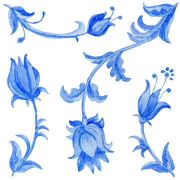 Watercolor painted indigo blue floral seamless pattern isolated on a white background. Tile with hand drawn Baroque scrolls, Flowers, leaves and branches