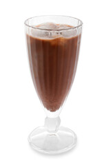 Glass of tasty chocolate milk on white background
