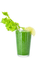 Glass of bloody Mary cocktail on white background