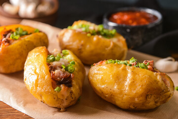 Tasty baked potato on table, closeup